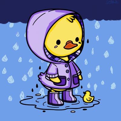 baby duck in a rain coat and boots, in a puddle while it’s raining