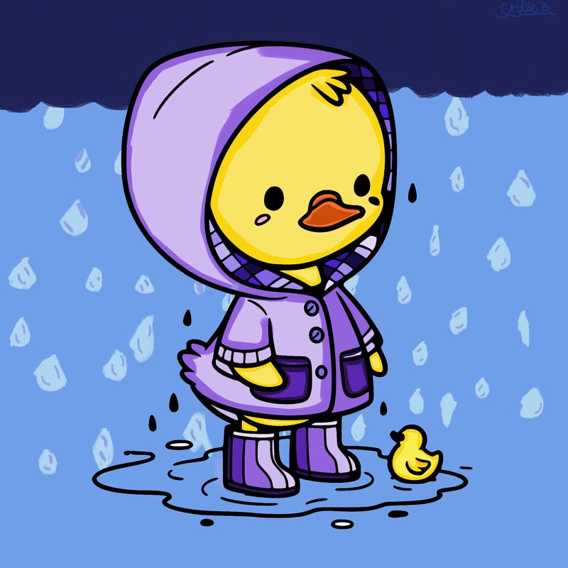 baby duck in a rain coat and boots, in a puddle while it’s raining