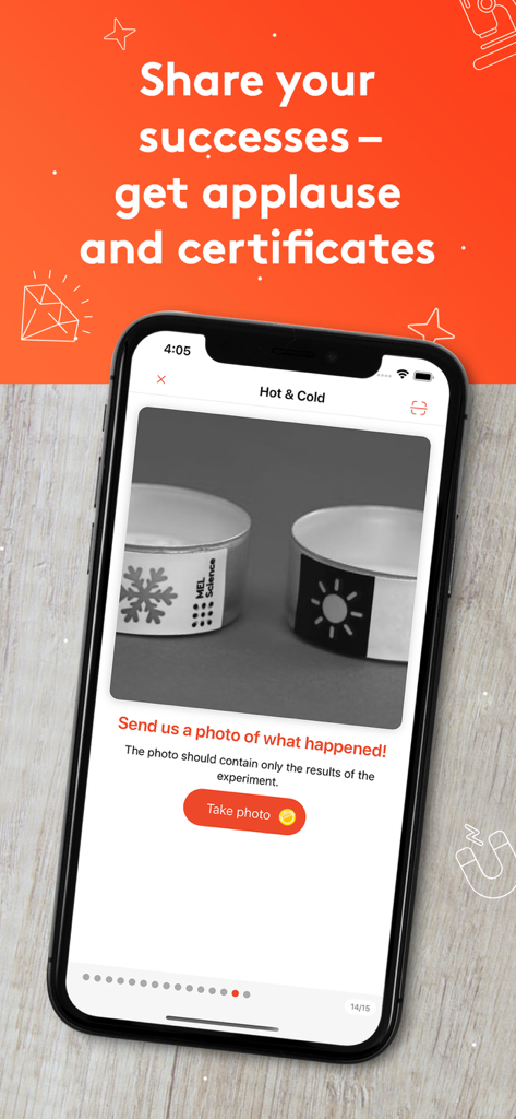 Interfaz de la aplicación MEL Science para fotografiar resultados de experimentos y ganar certificados