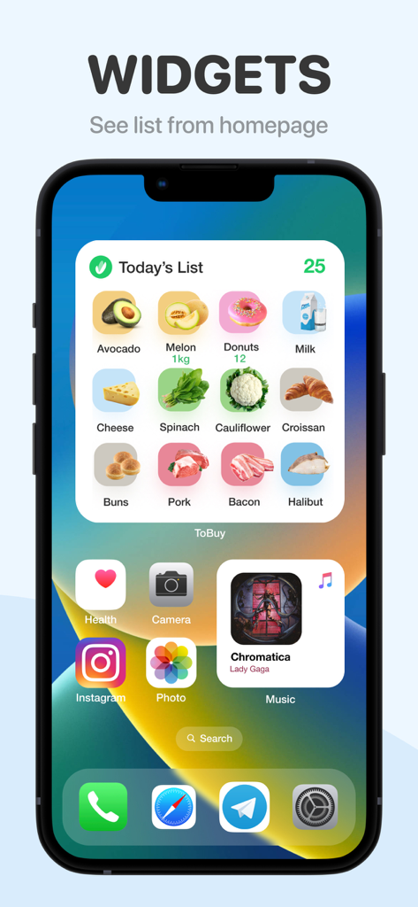 Pantalla de inicio del iPhone que muestra el widget de la lista de la compra ToBuy con iconos de varios alimentos como aguacate y leche