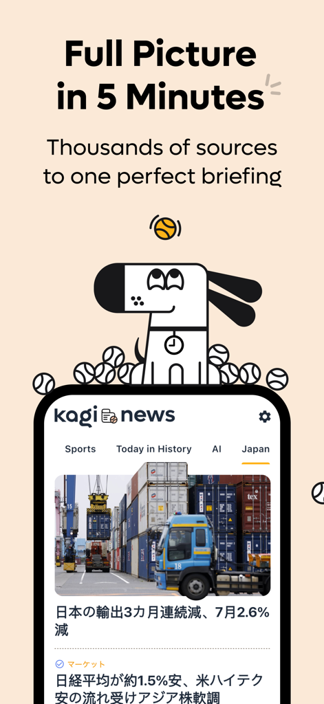 Kagi News app interface showing a global daily news summary and a stylized dog character.