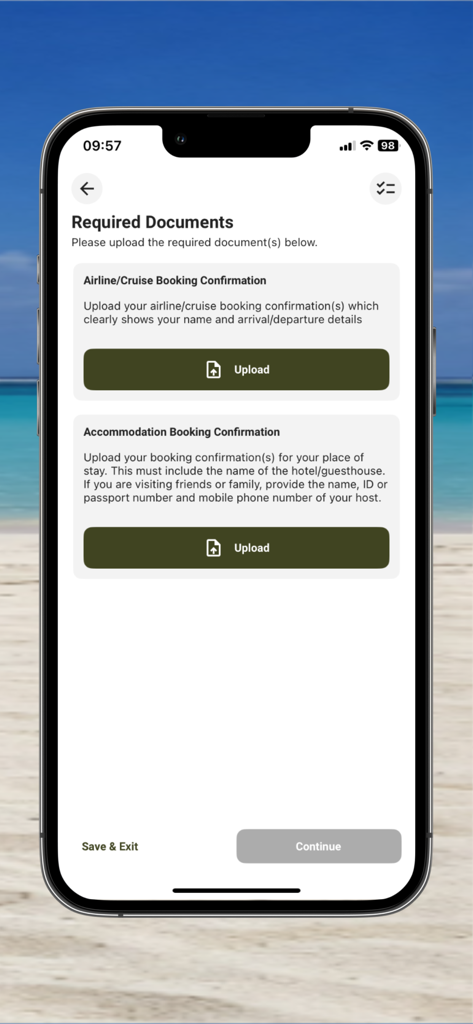 e-Border - St. Kitts & Nevis - A mobile screen from the e-Border St. Kitts and Nevis app for uploading airline and accommodation booking confirmations.
