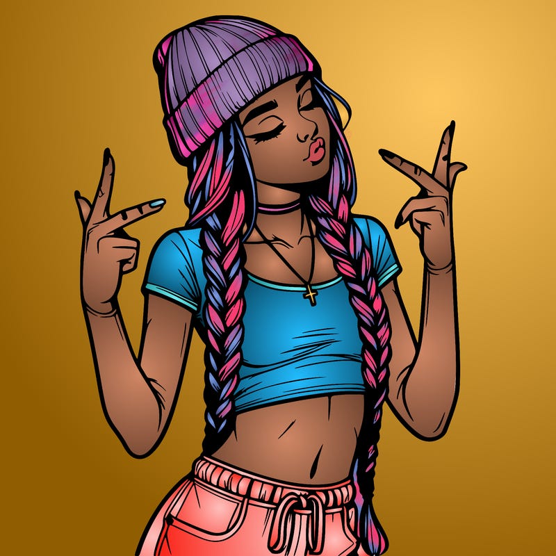 realistic teenage girl with braids and a beanie and crop top doing 🫶🏼