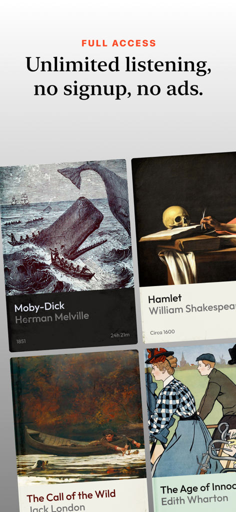 A library grid showing classic audiobooks like Moby Dick and Hamlet in the Opus Classics app interface