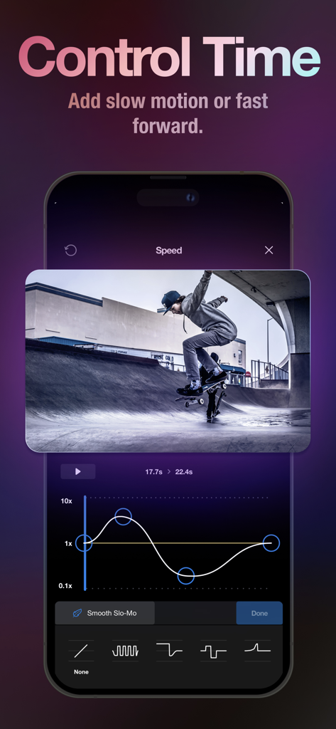 Interface de controle de velocidade de vídeo no Riveo com um clipe de skate e gráfico de aceleração de velocidade