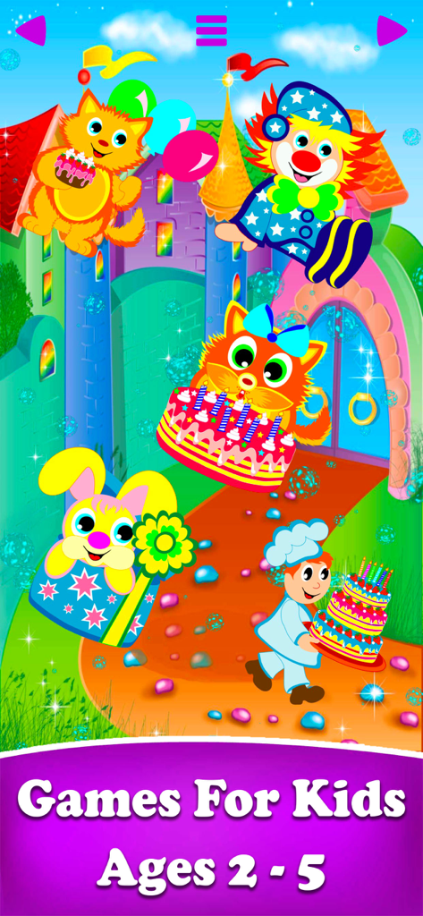 Colorful cartoon birthday party scene with animals and a clown for kids aged 2 to 5