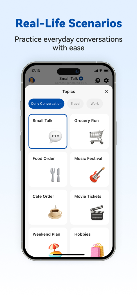 Russian Aiアプリのインターフェースのスクリーンショット。世間話や食事の注文など、日常の会話トピックが表示されます。