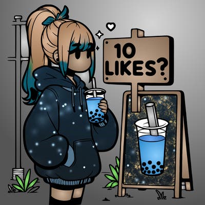 girl with oversized hoodie drinking boba and she has a high ponytail with a sign that says 10likes?