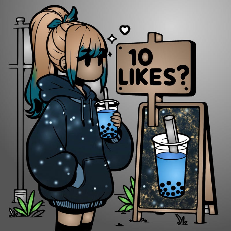 girl with oversized hoodie drinking boba and she has a high ponytail with a sign that says 10likes?