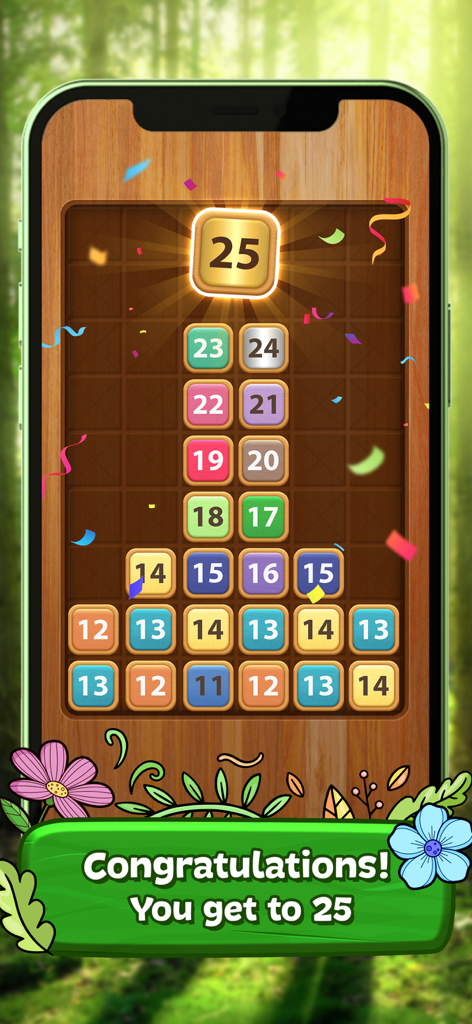 Merge Wood: Block Puzzle - Gameplay screenshot of Merge Wood Block Puzzle showing a successful merge to the number 25 with a congratulations message and confetti.