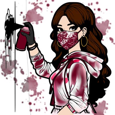realistic girl with mask spray painting a wall