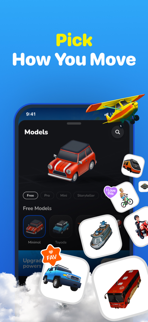 Um menu no aplicativo TravelAnimator mostrando uma variedade de modelos de veículos 3D, incluindo carros, aviões e barcos para animações de rotas de viagem.