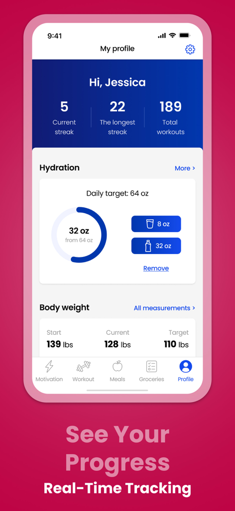 ML.Fitness Workout For Women - Profile dashboard showing hydration tracking and weight progress in the ML Fitness app