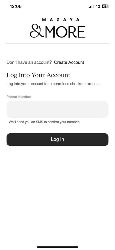 Mazaya and More - Pantalla de inicio de sesión de la aplicación Mazaya and More con entrada de número de teléfono para acceder a la cuenta de recompensas.