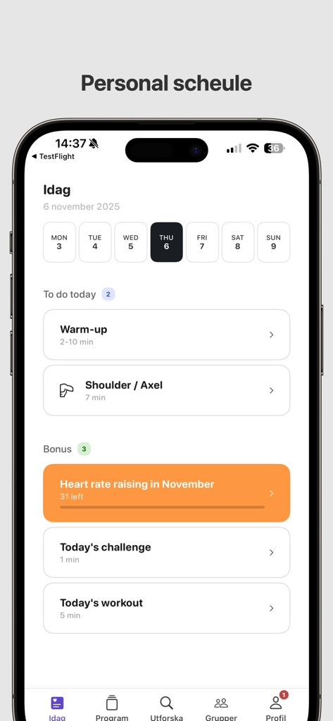 Interface do aplicativo Physio Home Training exibindo uma agenda diária pessoal com exercícios de aquecimento e reabilitação de ombro.