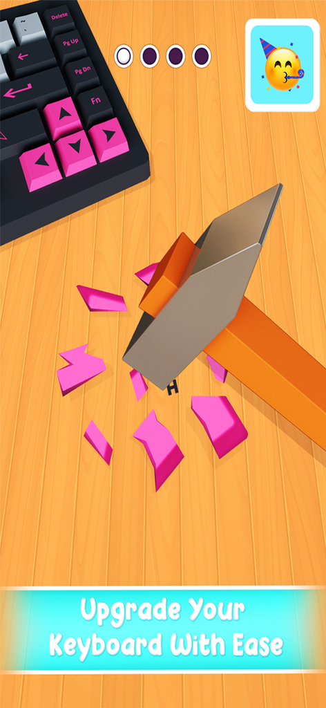 DIY Keyboard: Fun Art Games 3D - Martelo esmagando uma tecla de teclado rosa para aprimorá-la.