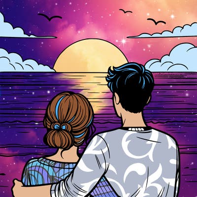 a couple watching the sunset at the beach