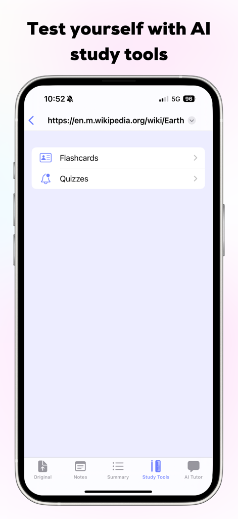 Mindgrasp - Mindgrasp app interface displaying AI-powered flashcards and quizzes options for a Wikipedia article