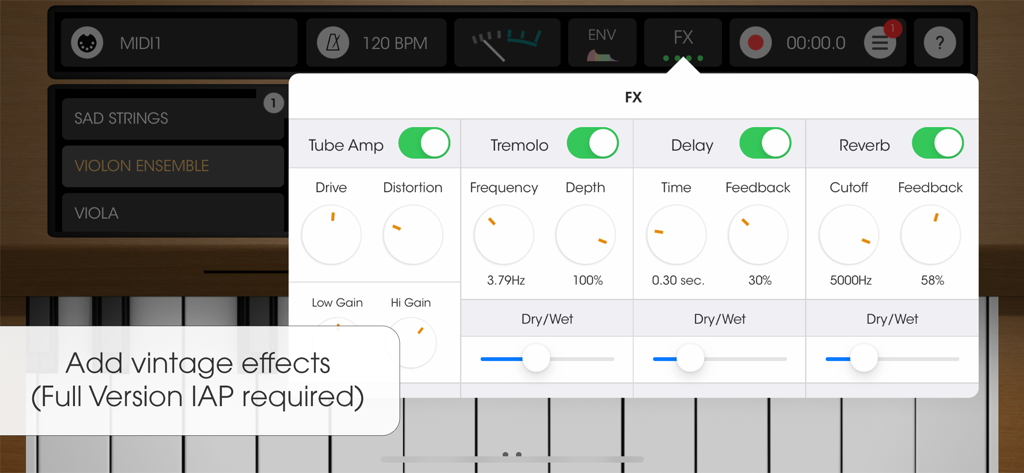 Mellowsound - Interface do aplicativo Mellowsound mostrando configurações de efeitos vintage para amplificador valvulado, tremolo, delay e reverb sobre um teclado mellotron.