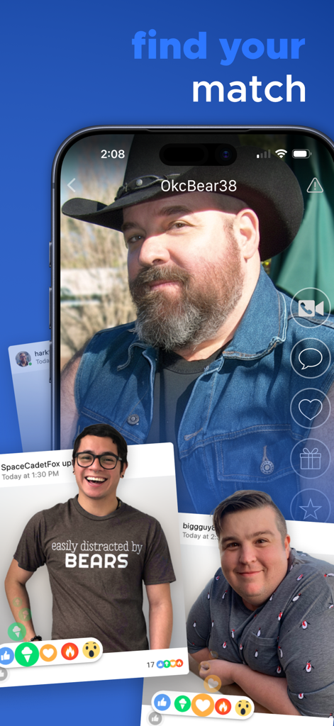 BiggerCity - BiggerCity app screenshot showing gay bear community profiles and interaction icons