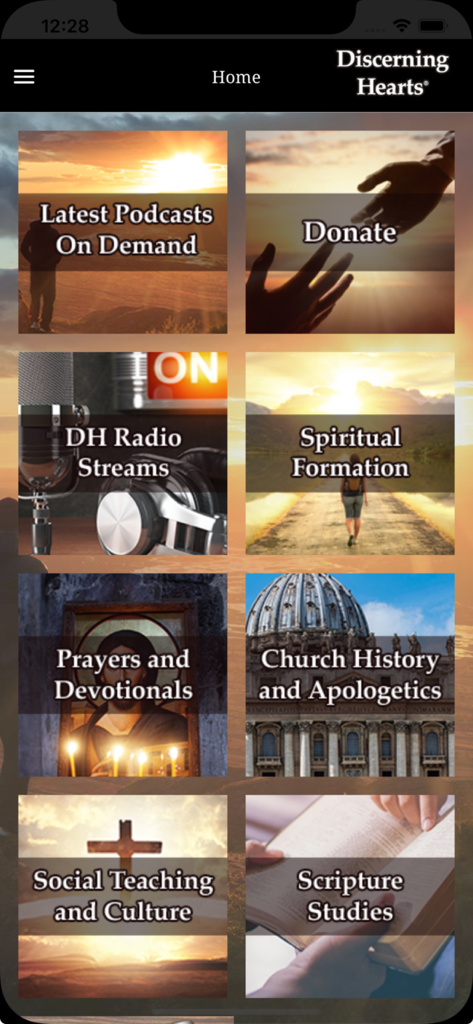 Discerning Hearts - Discerning Hearts app home screen featuring Catholic spiritual podcast and study categories