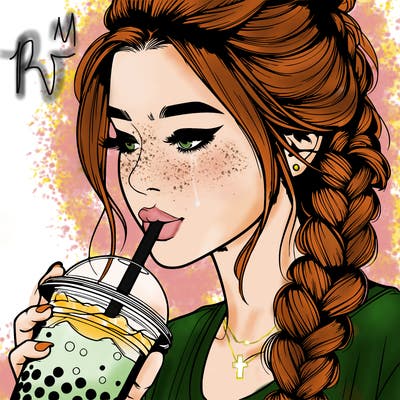 realistic girl drinking boba tea with braided hair