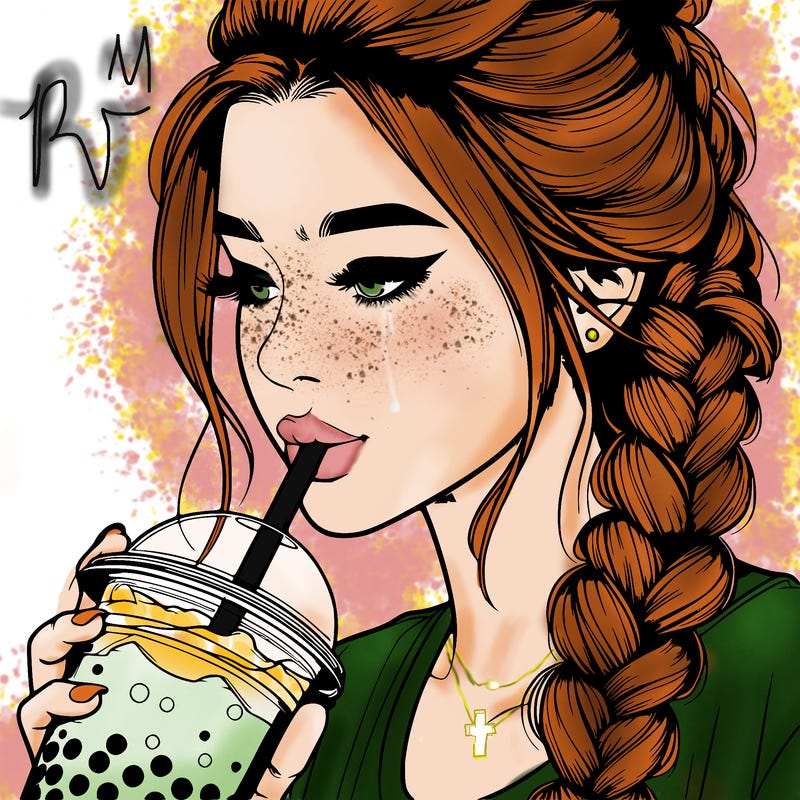 realistic girl drinking boba tea with braided hair