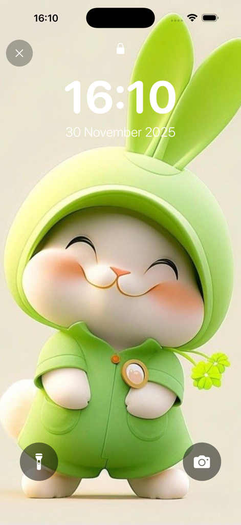 Wallpapers: Live Wallpapers 4K - A cute 3D smiling rabbit character wearing a green outfit on an iPhone lock screen