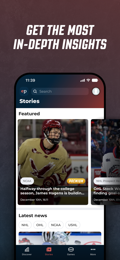 Elite Prospects app home screen featuring hockey scouting stories and latest news.