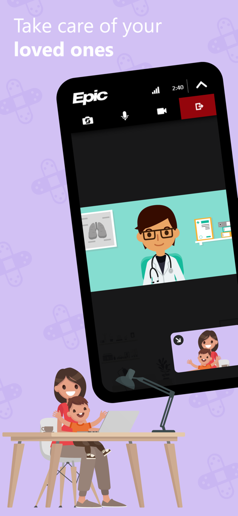 MyChart - MyChart app interface showing a virtual doctor appointment for a mother and her child