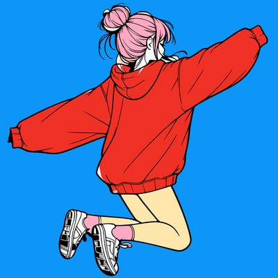 realistic girl jumping with a bun and oversized sweatshirt