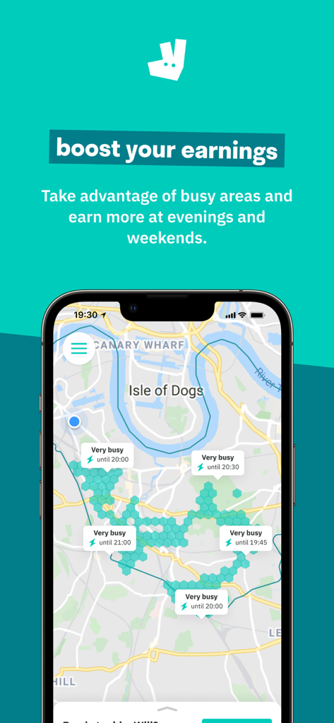 Deliveroo Rider app showing busy delivery areas on a map to boost earnings
