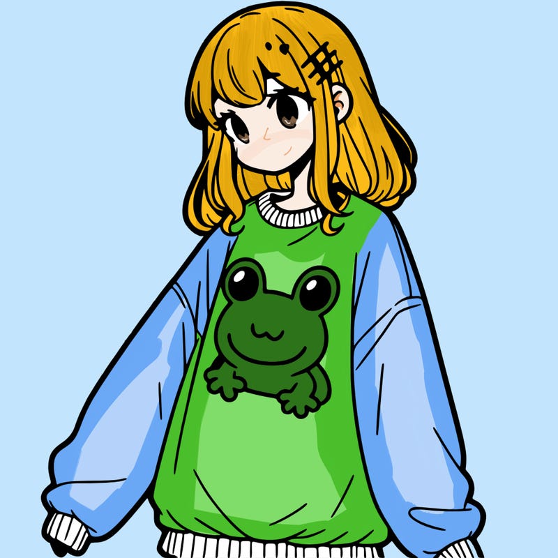girl wearing frogging sweatshirt