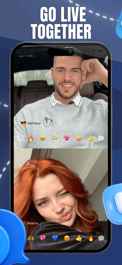 Minichat: find new friends - A split screen live video call interface between two users from different countries showing reaction emojis.