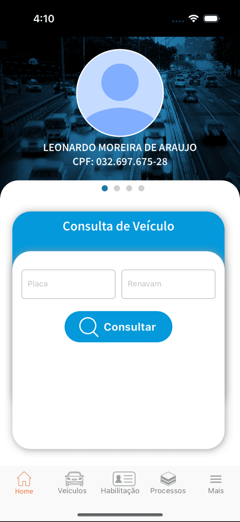 Detran GO ON - Detran GO ON app home screen showing the vehicle consultation interface with plate and Renavam fields