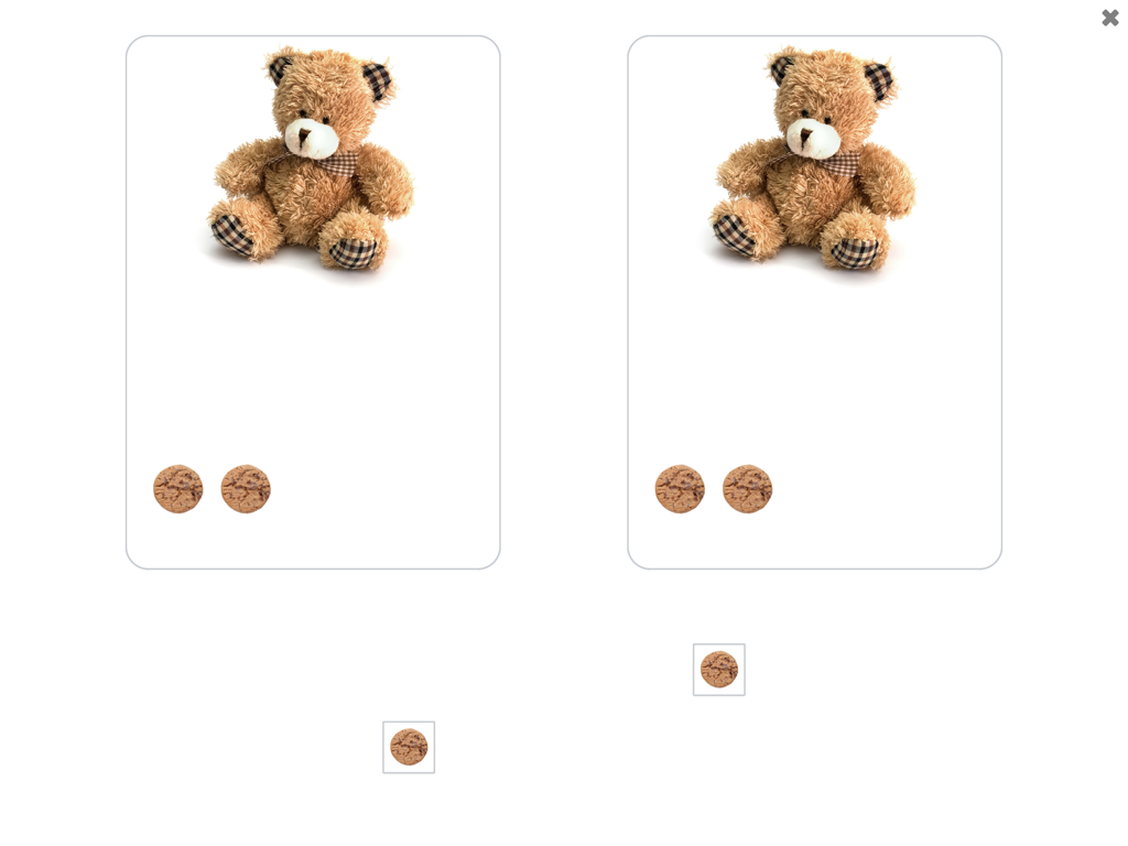 See and Learn First Counting - テディベアとクッキーのパネルが2つ並んだ、数量合わせアクティビティのシンプルな教育インターフェース。
