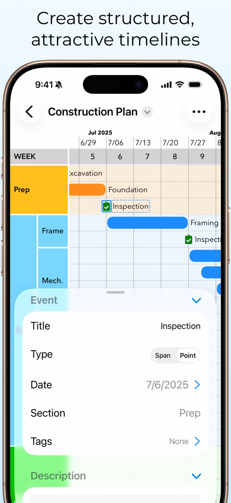 TimeStory: Timeline Maker - TimeStory app interface showing a construction plan timeline with a detailed event popup on iPhone