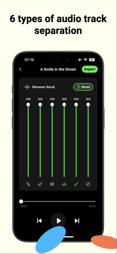 Mobile app interface showing six types of audio track separation for music stems