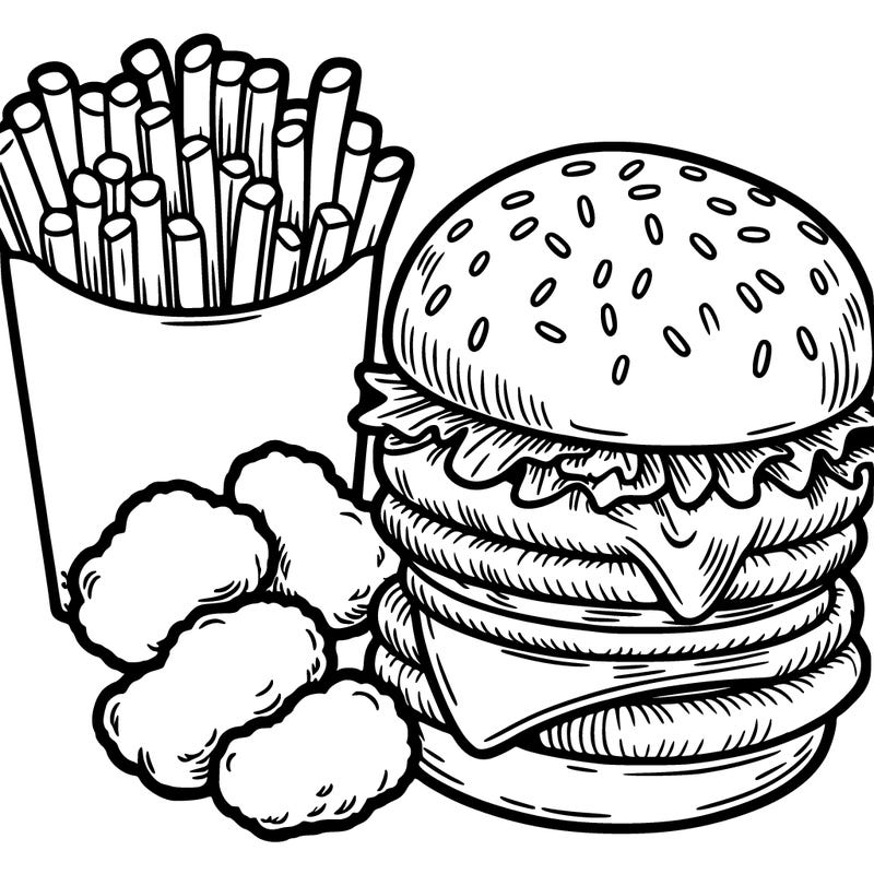 burger, fries, and chicken nuggets