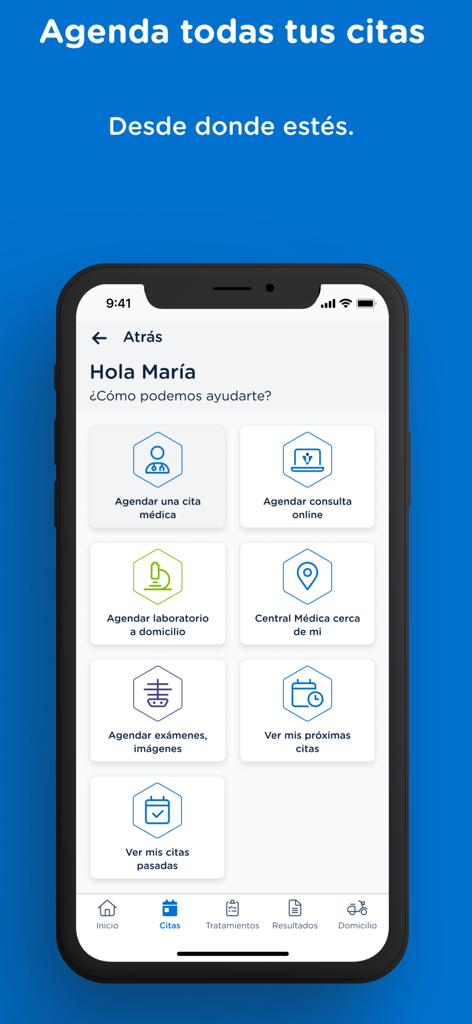 Mi Veris - Panel de la aplicación Mi Veris que muestra varias opciones para programar citas médicas, consultas en línea y pruebas de laboratorio en español.