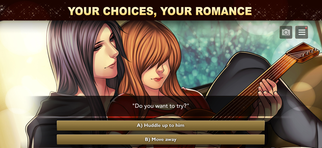 Romantic choice screen in Is It Love Colin featuring a couple and a guitar
