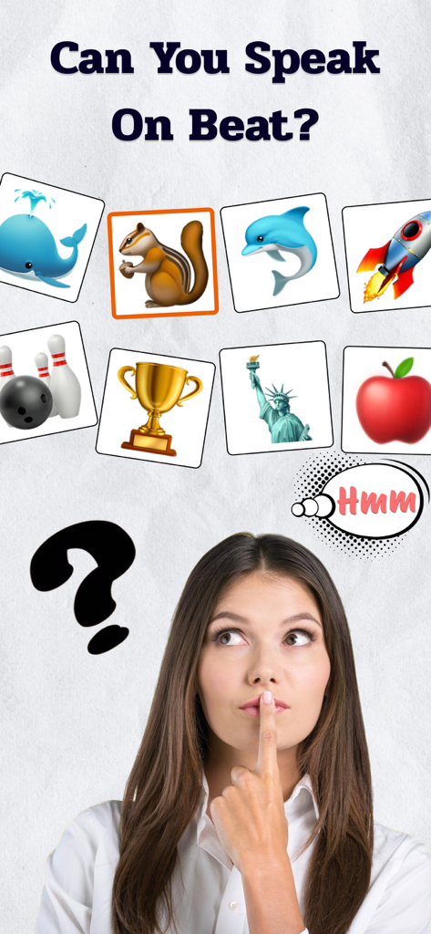 A young woman thinking with various emoji icons and the text Can You Speak On Beat