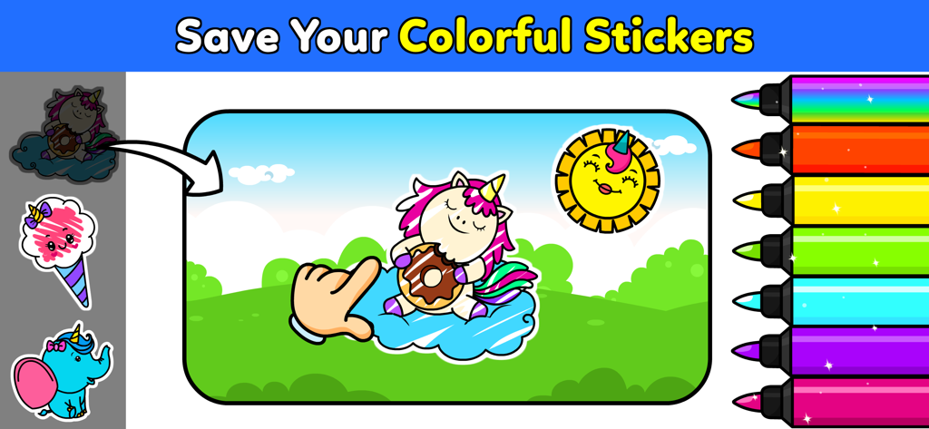 My Unicorn Coloring Club Games - Una captura de pantalla de la aplicación de colorear unicornios que muestra la función de guardar tus pegatinas coloridas con rotuladores y varias pegatinas de personajes.