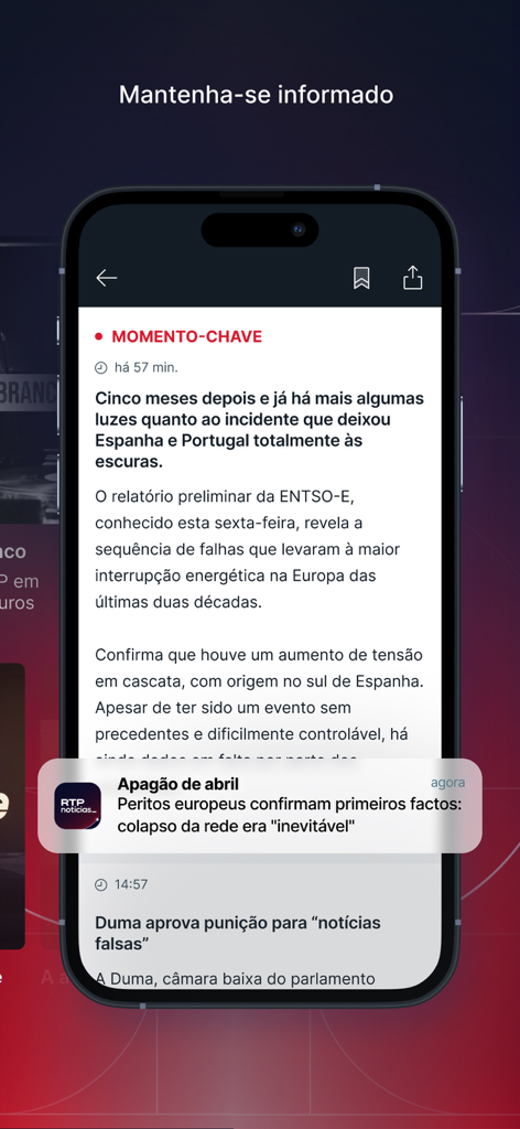 RTP Notícias - RTP Notíciasモバイルアプリ。ポルトガルのニュース記事と、エネルギー供給停止に関するプッシュ通知が表示されています。