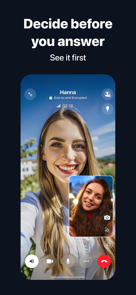 FaceCall - Answer Better - Videoanruf-Oberfläche der FaceCall-App mit verschlüsselter Video-Anrufer-ID und Anrufsteuerung.