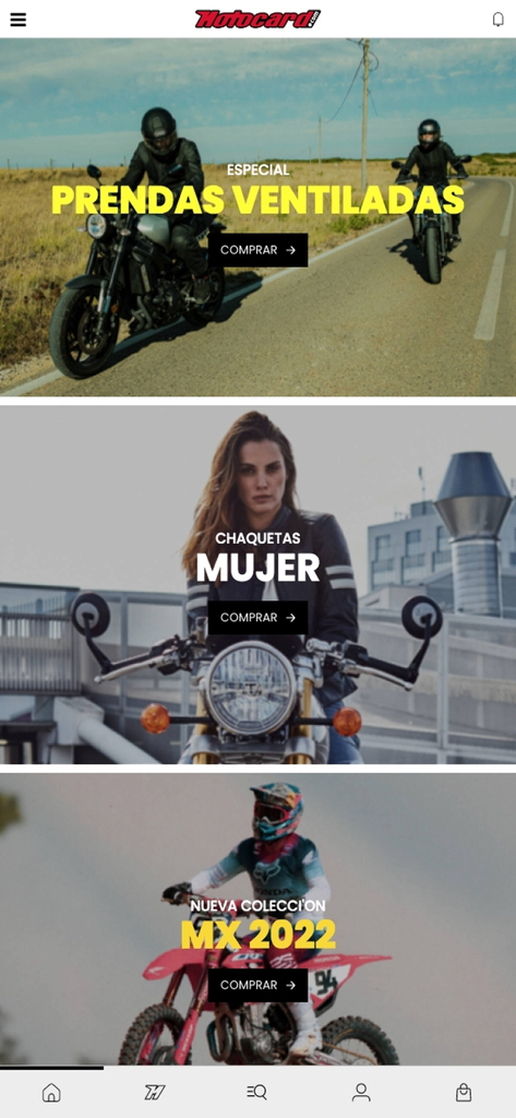 Screenshot of the Motocard app homepage featuring categories for motorcycle gear and apparel