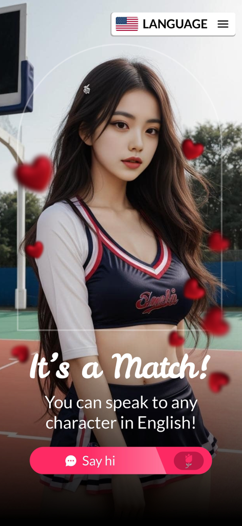 Date.AI - Virtual Lovers - Una pantalla de coincidencia en la app Date.AI con un personaje virtual con un traje de animadora y un botón 'Saluda'.