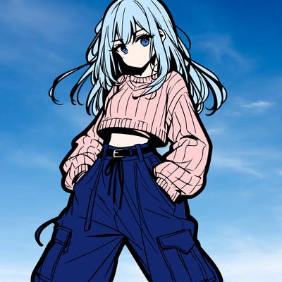 anime teen girl with baggy pants and crop top with sweater