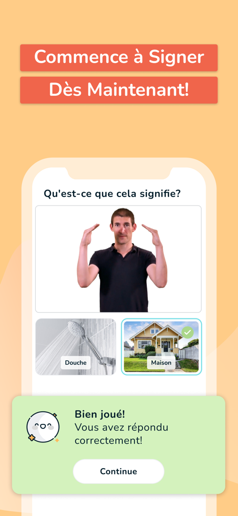 A screenshot of the Pause LSF app showing a sign language lesson with a video of a man signing and a multiple choice question.
