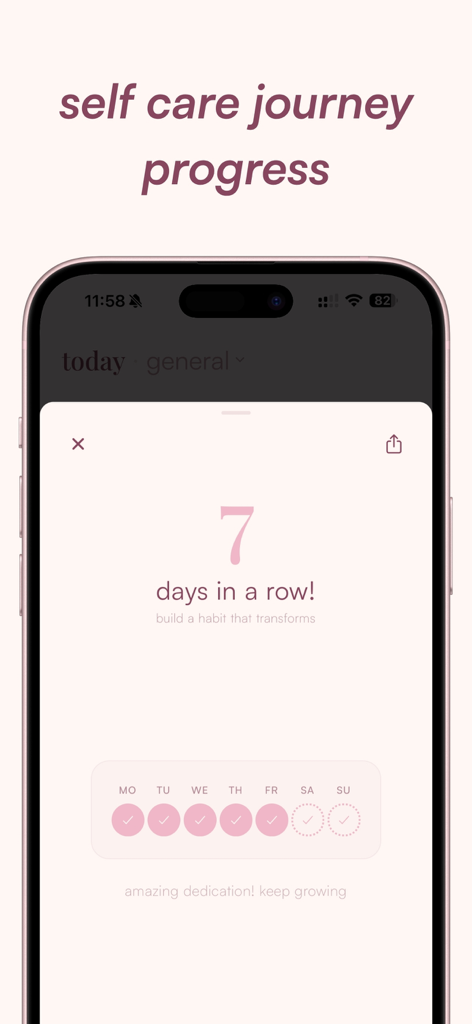 affirmations - self love daily - Mobile app interface showing a seven day streak for self care journey progress.